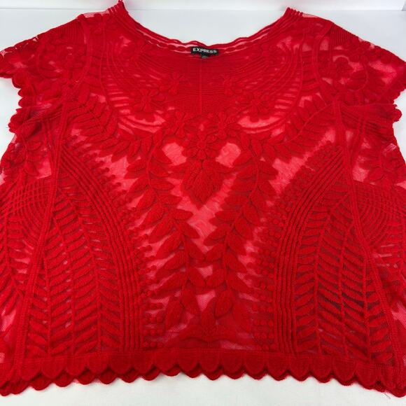 Express RED Lace Embroidered Floral Flowery with Leaves Women's Sheer Top S - Picture 5 of 13